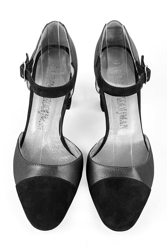 Matt black and dark silver women's open side shoes, with an instep strap. Round toe. Medium block heels. Top view - Florence KOOIJMAN